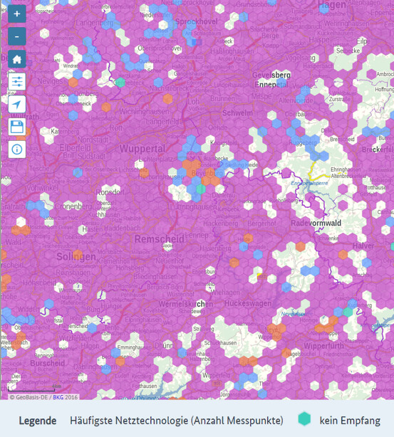 Eine Karte der Gegend um Remscheid und Wuppertal, in der Wabenzellen unterschiedlicher Farbe die Netztechnologie für Mobilfunk abbildet.